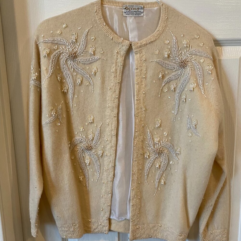 Vintage 1950s "Ming" Cardigan Beaded Lined Wool Angora Rabbit Sweater British HK